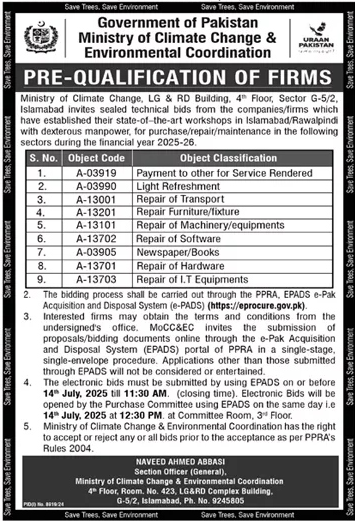 Ministry of Climate Change & Environmental Coordination Islamabad Tender Notice